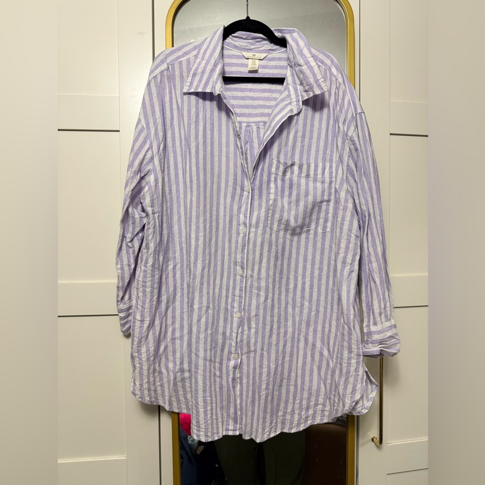 H&M linen blend purple striped shirt